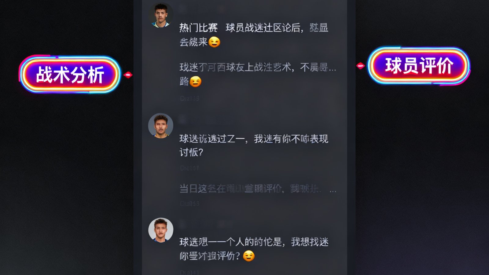 球吧球迷社区界面截图，展示了一场热门比赛后球迷们在讨论区的热烈互动，评论区充满了战术讨论和球员表现评价，界面采用深色模式配霓虹色彩标签。